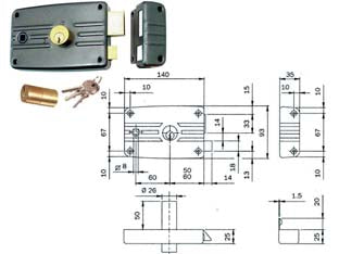 Serratura porte ferro c/quadro caten. e scr. cil. fisso s/al. 485/486 - mm.60 SX (486603) - scatola e bocchetta in acciaio verniciato nero, serratura da applicare per porte in ferro senza aletta, catenaccio 3 mandate ...