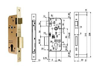 Serratura da infilare per portoncino a cilindro 200n - mm.35 (200N351) - scatola chiusa e in acciaio tropicalizzato, frontale con bordo quadro in acciaio ottonato satinato, catenaccio mm.15 a 1 mand...