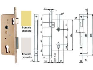 Serratura da infilare per portoncino a cilindro 200n - mm.60 (200N601) frontale acciaio ottonato - scatola aperta e in acciaio tropicalizzato, frontale con bordo quadro, catenaccio mm.10 a 2 mandate con scrocco separato reve...