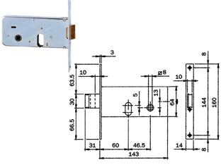 Serratura da infilare per fasce catenaccio e scrocco mm.64 h 710 - mm.60 (7106010) - in acciaio zincato per montante a fascia, frontale da mm.16x3x160h. in acciaio zincato, catenaccio mm.10 a 2 mandate con scro...