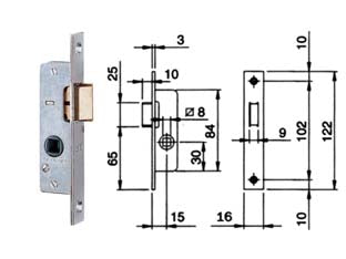 Serratura da infilare per montanti solo scrocco 762 - mm.15 - frontale mm.20 (762002) - in acciaio zincato per montante a scatola aperta, frontale in acciaio cromato, scrocco separato in ottone con richiamo tramit...