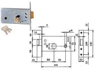 Serratura da infilare per fasce catenaccio e scrocco mm.72 h 725 - mm.60 (725600) - in acciaio zincato per montante a fascia, frontale da mm.22x3x130h. in acciaio zincato, catenaccio mm.11 a 1 mandata con scro...