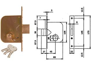 Serratura da infilare per cancelli solo catenaccio 601 - mm.45 (601450) - scatola e frontale in acciaio tropicalzzato, catenaccio mm.10 a 2 mandate, con cilindro tondo sfaccettato ø mm.26 da mm.56 ce...