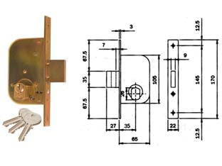 Serratura da infilare per cancelli solo catenaccio 605 - mm.35 (605350) - scatola e frontale in acciaio tropicalzzato, catenaccio mm.10 a 2 mandate, con cilindro tondo sfaccettato ø mm.26 da mm.56 ce...