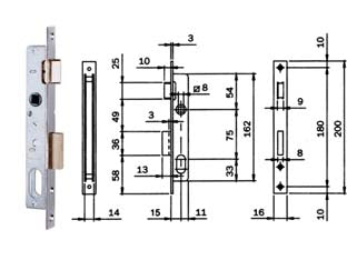 Serratura da infilare per montanti catenaccio e scrocco 750 - mm.15 (7501510) - in acciaio zincato per montante a scatola aperta, frontale da mm.16x3x200h. in acciaio cromato, catenaccio mm.3 prolungato a...
