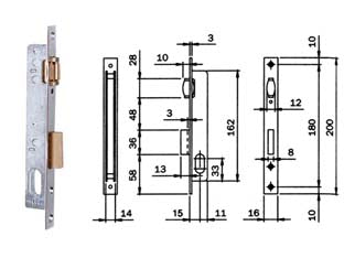 Serratura da infilare per montanti catenaccio e rullo 752 - mm.15 (7521510) - in acciaio zincato per montante a scatola aperta, frontale da mm.16x3x200h. in acciaio cromato, catenaccio mm.3 prolungato ad...