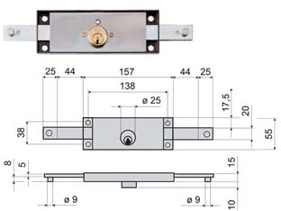 Serratura serranda centrale cilindro fisso tondo 641 - mm.157x10x55h. (641010) - per serranda, scatola in acciaio verniciato, catenacci zincati diritti con perni per aggancio aste ø mm.9x8h. funzionamento a...