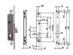 Serratura tripl. infilare montanti e persiane solo caten. c/quadro 783 - mm.25 (783380254) - scatola in acciaio verniciato, frontale mm.24x3x290h. in acciaio zincato, catenaccio rotante 1 mandata in acciaio nichelato a...