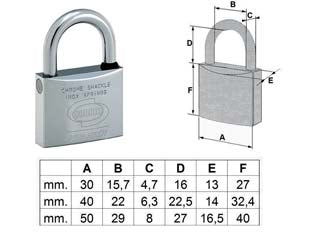 Lucchetto ottone cromato marino euromarine arco normale pl120 - mm.40 (PL1204000) - corpo monoblocco massiccio in ottone cromato lucido, arco in ottone cromato lucido con anello in gomma per proteggere i mecca...