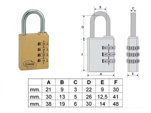 Lucchetto ad arco a combinazione pl020 - mm.38 a 4 combinatori (PL0204100) - corpo monoblocco massiccio in ottone, arco in acciaio cromato