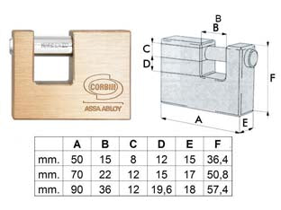 Lucchetto rettangolare in ottone pl311 - mm.90 (PL3119000) - corpo monoblocco in ottone satinato, barra in acciaio carbonitrurato, dotazione 2 chiavi