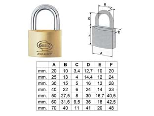 Lucchetto ottone arco normale prium pl110 - mm.40 (PL1104000) - corpo monoblocco in ottone satinato, arco in acciaio carbonitrurato, doppio scrocco da lucchetti > mm.30, spina antigrimaldel...