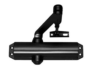 Chiudiporta aerei serie dc120 - con arresto, nero mm.220x47x52h. (DC12019005) - corpo monoblocco in lega d’alluminio, braccio in acciaio, carter in nylon, forza variabile di chiusura EN 2/3/4 secondo la no...