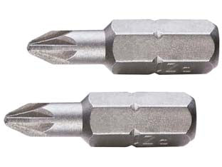 Inserti a croce pozidrive in blister per avvitatori mm.25 - mm.25 PZ 2 in blister 2pz. - acciaio cromo vanadium sabbiato, attacco esagonale 1/4'