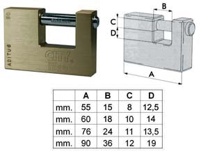 Lucchetto rettangolare in ottone city p740 - mm.75 KA (P74070127.K) - corpo monoblocco in ottone satinato e verniciato, barra in acciaio carbonitrurato e cromato, dotazione 3 chiavi