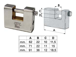 Lucchetto corazzato a una bocca aditus city p749 - mm.90 (P74990367) - corpo monoblocco in ottone rivestito interamente da una corazza in acciaio sabbiata carbonitrurata e cromata, barra in acciai...