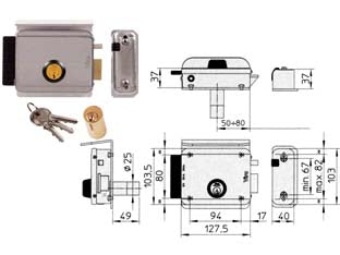 Elettroserratura per cancelli con tetto regolabile 8992 - mm.50/80 SX (8992.2) - scatola e bocchetta in acciaio zincato, tensione 12v AC, scrocco autobloccante, entrata regolabile con una semplice operazion...