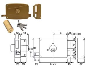 Serratura da portoncino applicare doppio cil. fisso scrocco+caten 3m - mm.60 DX (310A) - scatola e bocchetta in acciaio verniciato, scrocco e catenaccio, 3 mandate, doppio cilindro fisso, in dotazione: 3 chiavi