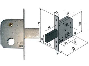 Serratura da infilare per cancelli con quadro catenaccio e scrocco 075 - mm.45 con catenaccio da mm.58 (07545000) - scatola e frontale in acciaio zincato, catenaccio a 1 mandata con scrocco incorporato e richiamo tramite chiave o quadro mani...