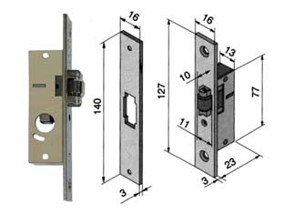 Serratura da infilare per montanti solo rullo 114 - mm.15 (11415010) - per montante, scatola in acciaio nichelato, frontale ed incontro da mm.16x3x140h. in acciaio nichelato, scrocco in ottone con...