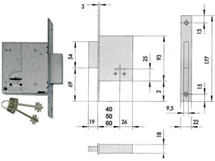 Serratura da infilare doppia mappa 57223 - mm.60 piastra mm.22x175h. (57223600) - per porta in ferro, scatola e frontale in acciaio con rivestimento in zinco, catenaccio in acciaio nichelato, 2 mandate, dota...