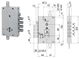 Serratura triplice applicare con scrocco cil. europeo blindate 56515 - mm.64 DX/SX (56515480) - scatola in acciaio con rivestimento in zinco, dispositivo di azionamento tramite sistema ad ingranaggi che riduce lo sforzo s...