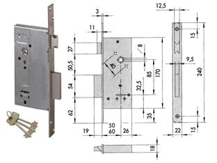 Serratura da infilare doppia mappa con scrocco 57211 - mm.60 (57211600) - scatola in acciaio con rivestimento in zinco, frontale e contropiastra in acciaio nichelato, 2 mandate, catenaccio in acciaio...