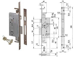 Serratura triplice da infilare doppia mappa con scrocco 57215 - mm.60 (57215600) - scatola in acciaio con rivestimento in zinco, frontale in acciaio nichelato, 2 mandate, catenaccio in acciaio nichelato, scro...