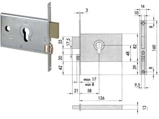 Serratura da infilare per fasce catenaccio e rullo mm.82 h 44130 - mm.58 (44130600) - scatola e frontale in acciaio con rivestimento in zinco, catenaccio a 2 mandate in ottone, rullo regolabile in ottone, funzio...