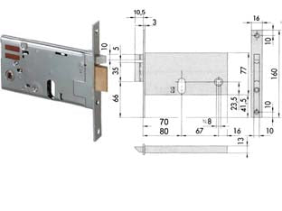 Elettroserratura da infilare per fasce mm.77 h 14450 - mm.90 (14450900) - scatola e frontale in acciaio con rivestimento in zinco, solo scrocco autobloccante in ottone, con quadro maniglia da mm.8 pa...