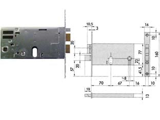 Elettroserratura da infilare per fasce mm.77 h 14460 - mm.70 (14460700) - scatola e frontale in acciaio con rivestimento in zinco, 2 mandate, catenaccio e scrocco separato in ottone, scrocco autobloc...