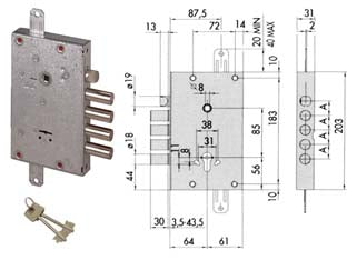 Serratura triplice applicare con scrocco doppia mappa blindate 57515 - mm.60 DX/SX (57515480) - scatola in acciaio con rivestimento in zinco, 4 mandate, catenacci e scrocco in acciaio nichelato, scrocco reversibile, quadr...