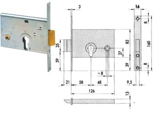 Serratura da infilare per fasce catenaccio e scrocco mm.82 h 44145 - mm.58 (44145600) - scatola e frontale in acciaio con rivestimento in zinco, catenaccio con scrocco incorporato reversibile in ottone, fermo a gi...