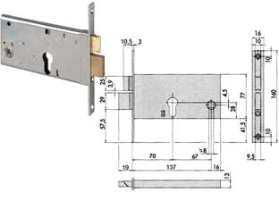 Serratura da infilare per fasce catenaccio e scrocco mm.77 h 44360 - mm.70 (44360700) - scatola e frontale in acciaio con rivestimento in zinco, 2 mandate, catenaccio e scrocco in ottone, con quadro maniglia da mm...