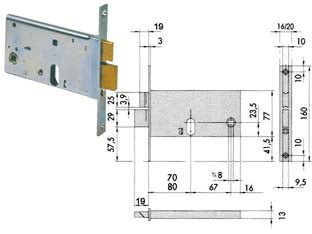 Serratura da infilare per fasce catenaccio e scrocco mm.77 h 44460 - mm.90 con frontale mm.20 (44461900) - scatola e frontale in acciaio con rivestimento in zinco, 2 mandate, catenaccio e scrocco separato in ottone, con quadro manig...