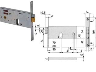 Elettroserratura da infilare per fasce mm.64 h 1451 - mm.90 (14510900) frontale mm.16 - scatola e frontale in acciaio con rivestimento in zinco, catenaccio, scrocco incorporato in ottone, solo scrocco autobloccant...