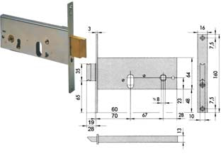 Serratura da infilare per fasce catenaccio e scrocco mm.64 h 44155 - mm.60 una mandata (44155600) - scatola e frontale in acciaio con rivestimento in zinco, scrocco con catenaccio incorporato in ottone, con quadro maniglia da...