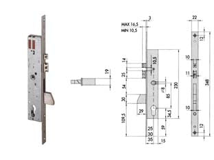 Elettroserratura da infilare per montanti con quadro e scrocco 16215 - mm.30 (16215300) - scatola in acciaio con rivestimento in zinco, frontale in acciaio inox, catenaccio basculante e scrocco in ottone, scrocco e ...