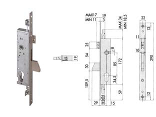 Serratura triplice da infilare per montanti con quadro e scrocco 46225 - mm.25 (46225250) - scatola in acciaio con rivestimento in zinco, frontale in acciaio inox, catenaccio basculante e scrocco in ottone, scrocco re...