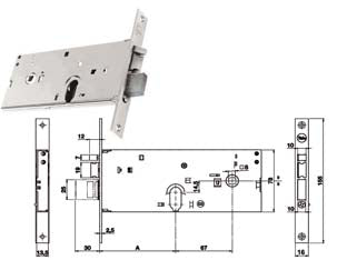 Elettroserratura infilare per fasce catenaccio e scr. mm.78 h 85202 - mm.70, 3 mandate (Y8520270080) - per fascia alta, scatola in acciaio zincato, catenaccio con scrocco separato e pistone di ricarica reversibile con richiamo t...