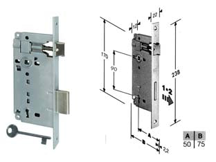 Serratura a bussola da infilare bordo quadro cromo satinato - mm.50 bordo acciaio cromato satinato (592.50.34) - scatola in acciaio lucido, quadro maniglia mm.8 dotazione 1 chiave, interasse mm.90, frontale bordo quadro mm.22