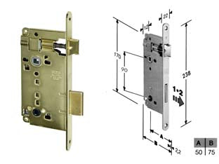 Serratura a bussola infilare bordo tondo ott. con apertura emergenza - mm.50 bordo acc.ottonato vernic. (B.00595.50.03) - scatola in acciaio lucido, quadro maniglia mm.8 e quadro maniglia emergenza mm.6 (funzionante con catenacci libero/occupato c...