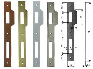 Contropiastra con aletta per serratura patent a bussola bordo quadro - acciaio ottonato (B.00590.05.03) - interasse mm.90 per serrature da mm.30-35-40-45-50-60 con frontale da mm.194h. con aletta sagomata mm.22