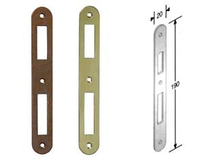 Contropiastra ridotta con aletta per serratura a bussola bordo tondo - acciaio ottonato - interasse mm.70 per serrature da mm.35-40-45-50-60 con frontale mm.190h.