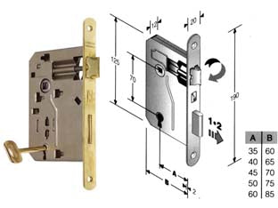 Serratura a bussola ridotta da infilare bordo tondo ottonato - mm.60 bordo tondo ferro ottonato - scatola in acciaio lucido, quadro maniglia mm.8 dotazione 1 chiave, interasse mm.70, frontale bordo tondo