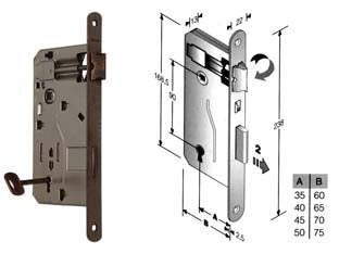 Serratura a bussola da infilare bordo tondo bronzato - mm.40 bordo acciaio bronzato - scatola in acciaio lucido, quadro maniglia mm.8 dotazione 1 chiave, interasse mm.90, frontale bordo tondo