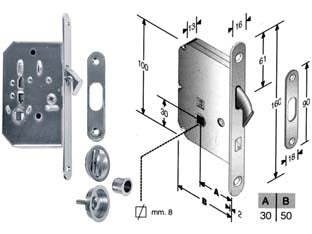 Serr. infil. porte scorrevoli a gancio rientrante b. tondo cr. satin. - mm.50 frontale e incontro cromo satinato - scatola in acciaio zincato, catenaccio a gancio rientrante, con quadro maniglia da mm.8 passante, funzionante con coppia mani...