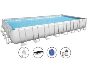 Piscina power steel rettangolare telaio portante cm.956x488x132h. - kg.224,5 - lt.52.231- filtro sabbia (art.56623) - il telo è realizzato in PVC poliestere triplo strato, la struttura portante è composta da strutture in acciaio zincato e vern...