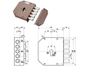 Serratura laterale da applicare senza scrocco cilindro europeo 38600 - mm.60 SX (38600VD00) - 4 mandate, scatola in acciaio verniciato, catenacci a pistoni in acciaio cromato, dotazione: 1 mostrina, 1 ferrogliera, viti...