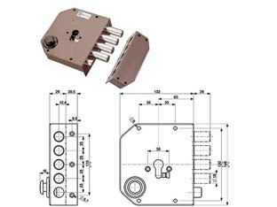 Serratura laterale da applicare con scrocco cilindro europeo 38610 - mm.60 DX (38610VD00) - 4 mandate, scatola in acciaio verniciato, catenacci a pistoni in acciaio cromato, dotazione: 1 mostrina, 1 ferrogliera, viti...
